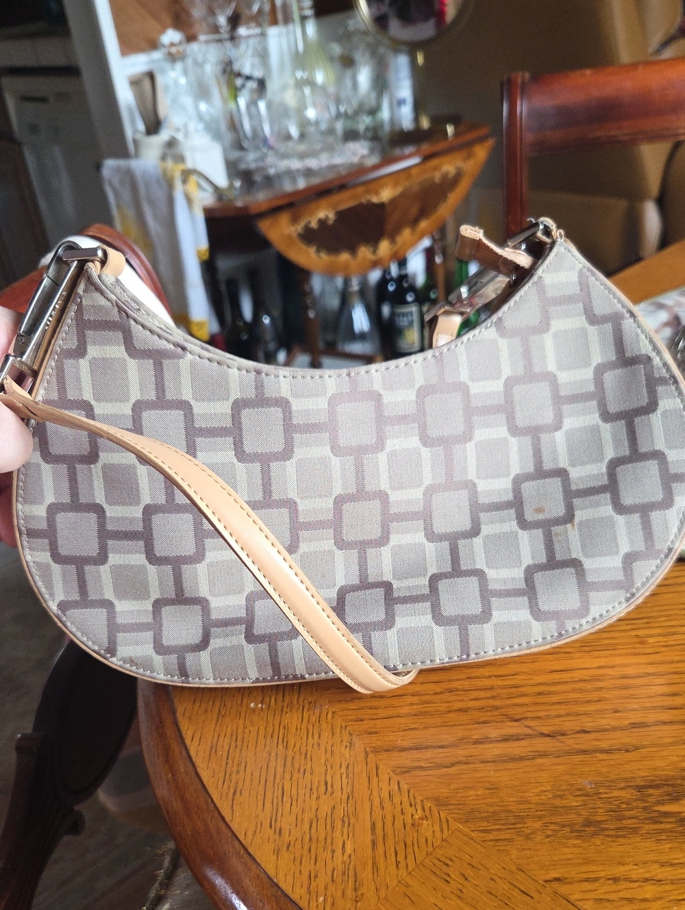 NINE WEST-Women’s Geometric Pattern Shoulder Bag in Beige and Taupe